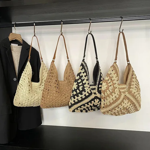 Bolso de paja tejido para mujer, bolso de hombro de playa tejido a mano calado para mujer, bolso de playa perfecto para vacaciones