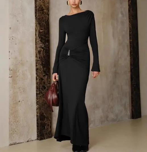 

Women Dresses 2026 Spring Autumn New Fashion Solid Color Round Neck Slim Fit Metallic Decor Long Sleeve Temperament Dress