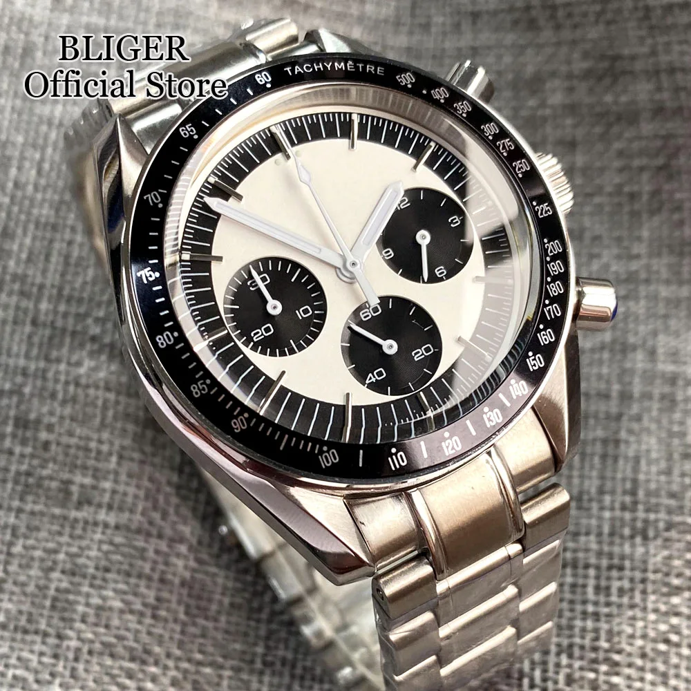 Sport 40mm Chronograph Multifunction Quartz Watch Men VK63 Movement Black White Dial Stainless Steel Strap Montre homme