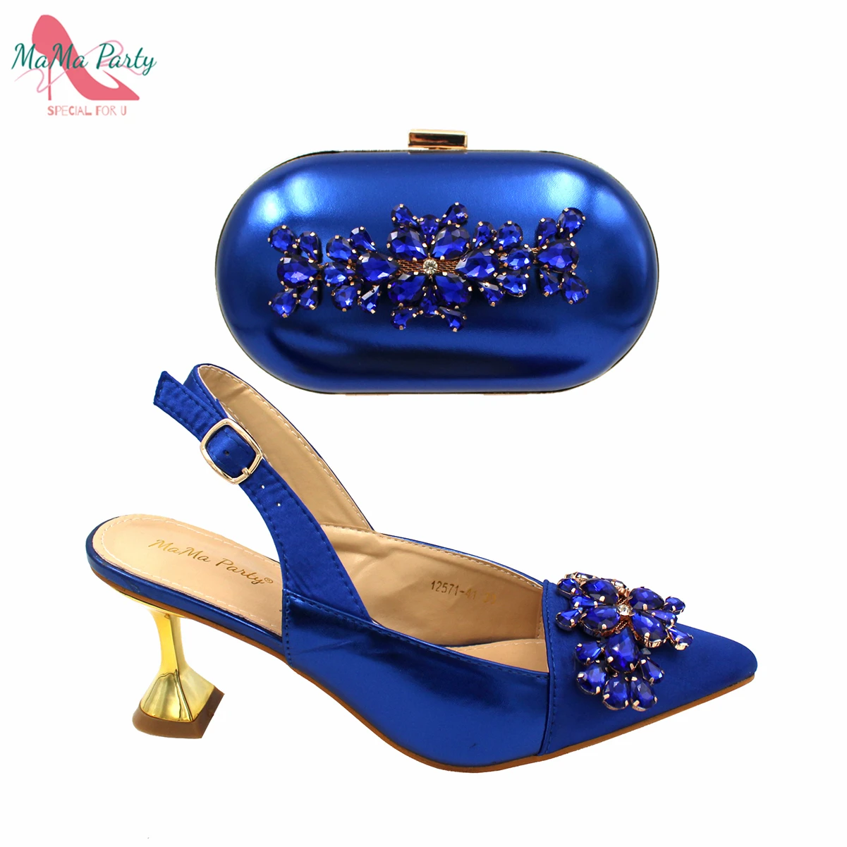 Royal Blue tacco alto Sllingbacks Ladies Sandal Shoes Set di borse abbinate per le donne nigeriane Wedding Party Pump