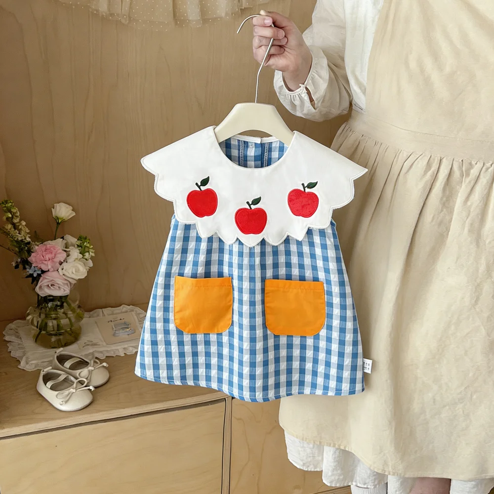 

Детские платья, летнее клетчатое платье без рукавов с фруктовым принтом для маленьких девочек, милое хлопковое детское платье, одежда для маленьких девочек