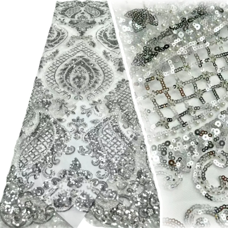 

African Tulle Lace Fabric French Sequins Fabric Sewing Embroidery With Beads Lace Tulle Mesh Nigeria Dress 5 Yards sewing CC1682