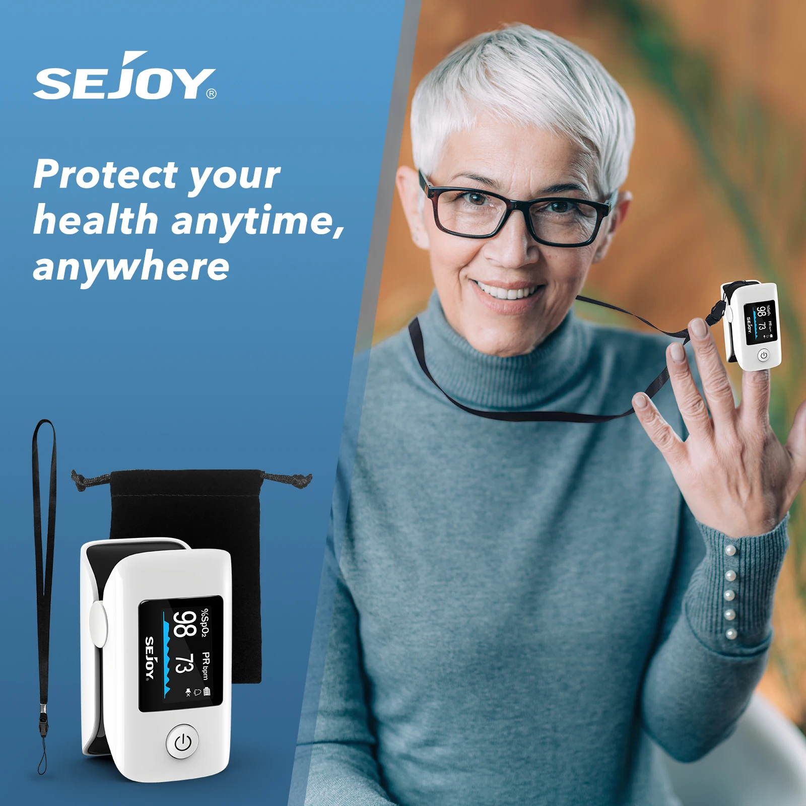 SEJOY مقياس التأكسج ببصمة الإصبع SpO2 مراقب تشبع الأكسجين في الدم مع مستشعر معدل ضربات القلب للبالغين والأطفال المسنين الرعاية الصحية المنزلية