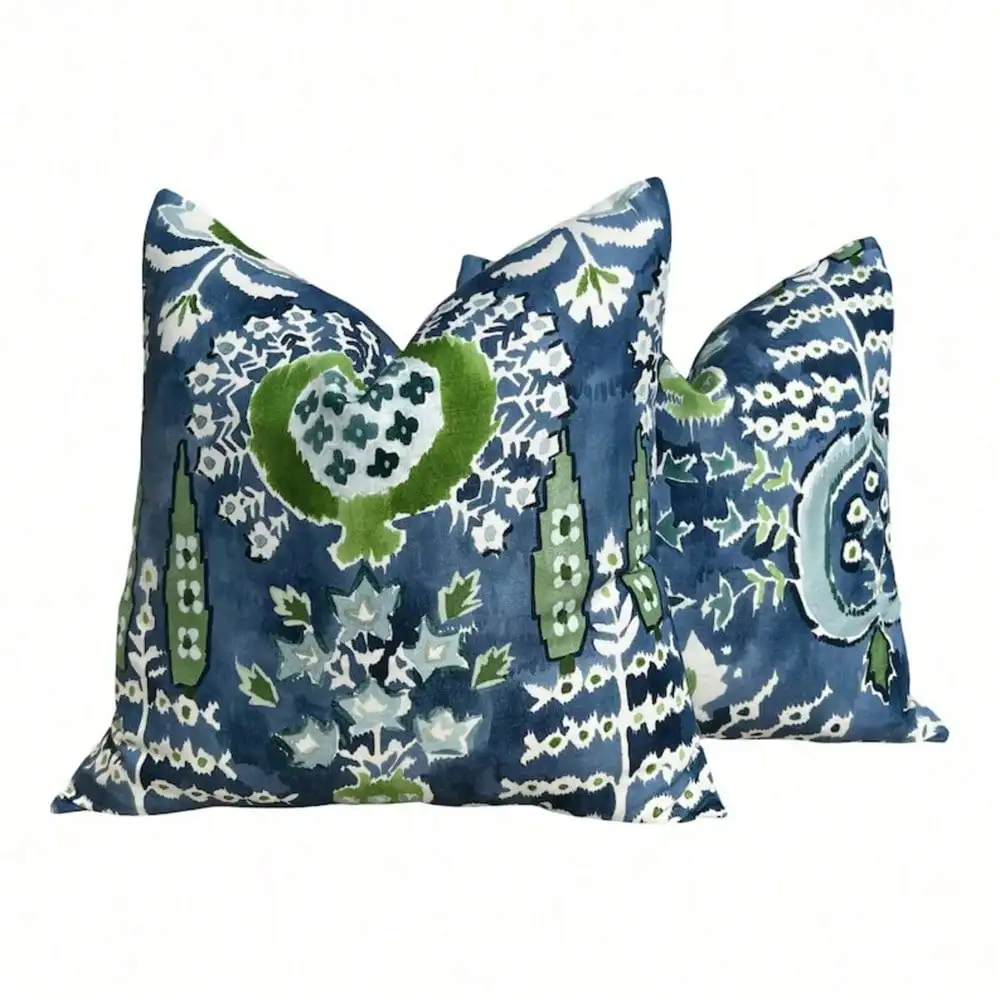 

2Pcs Thibaut Mendoza Suzani Pillow In Blue And Green(With Insert), Single-Sided Printed, Envelope Closure, 100% Polyester, 18x18