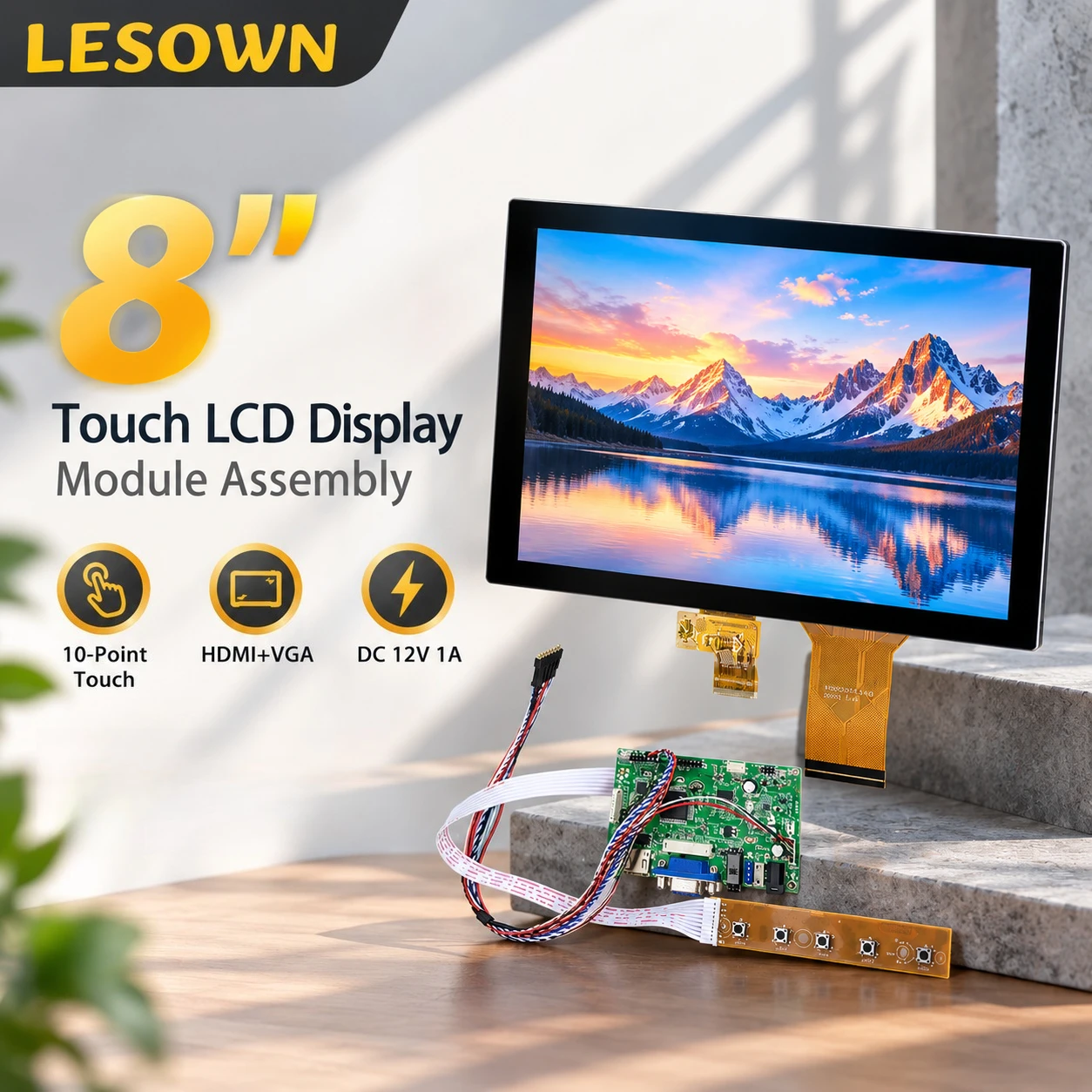 LESOWN 8 Inch Touch Screen Monitor 1024x768 LCD Display 10 Point Capacitive Glass Panel HMI Control Screen HDTV VGA