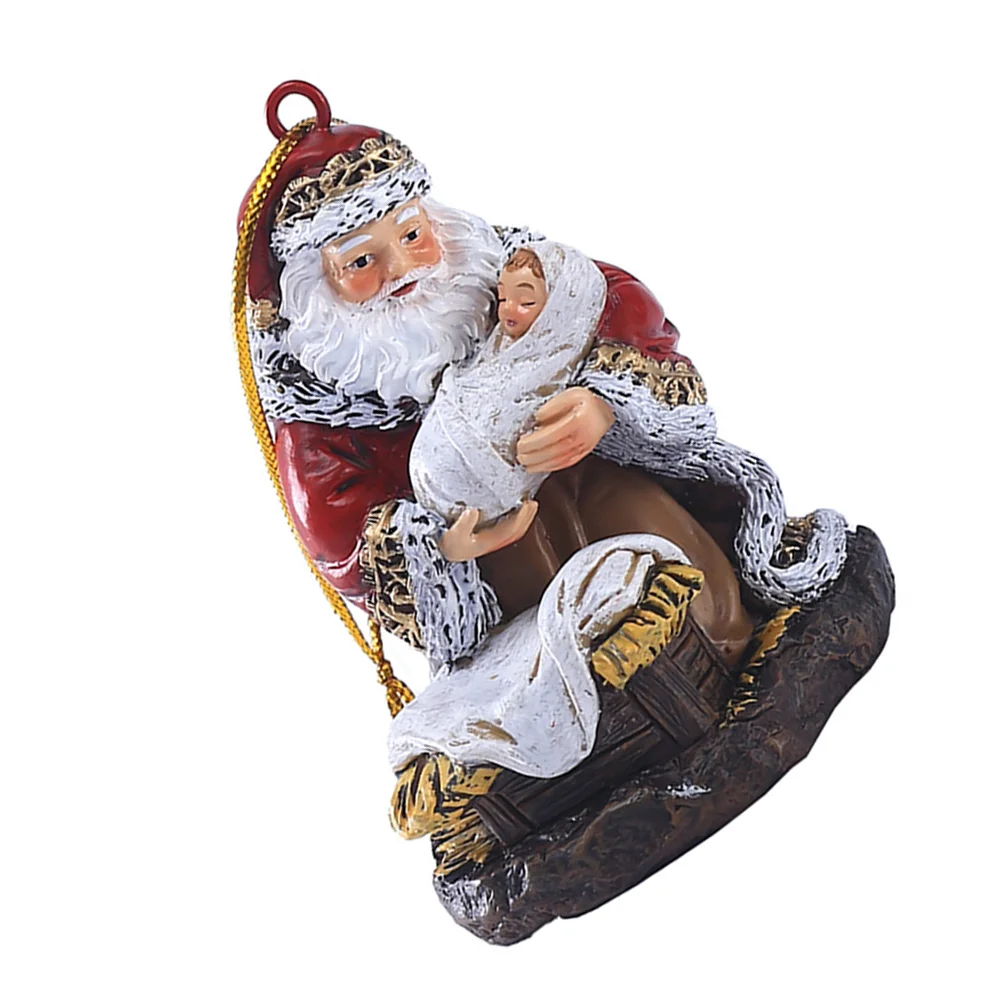 Santa Pendant Decoration Figure Resin Craft Holding Baby Christmas Desktop Adornment with Xmas Gifts for Stocking Stuffers