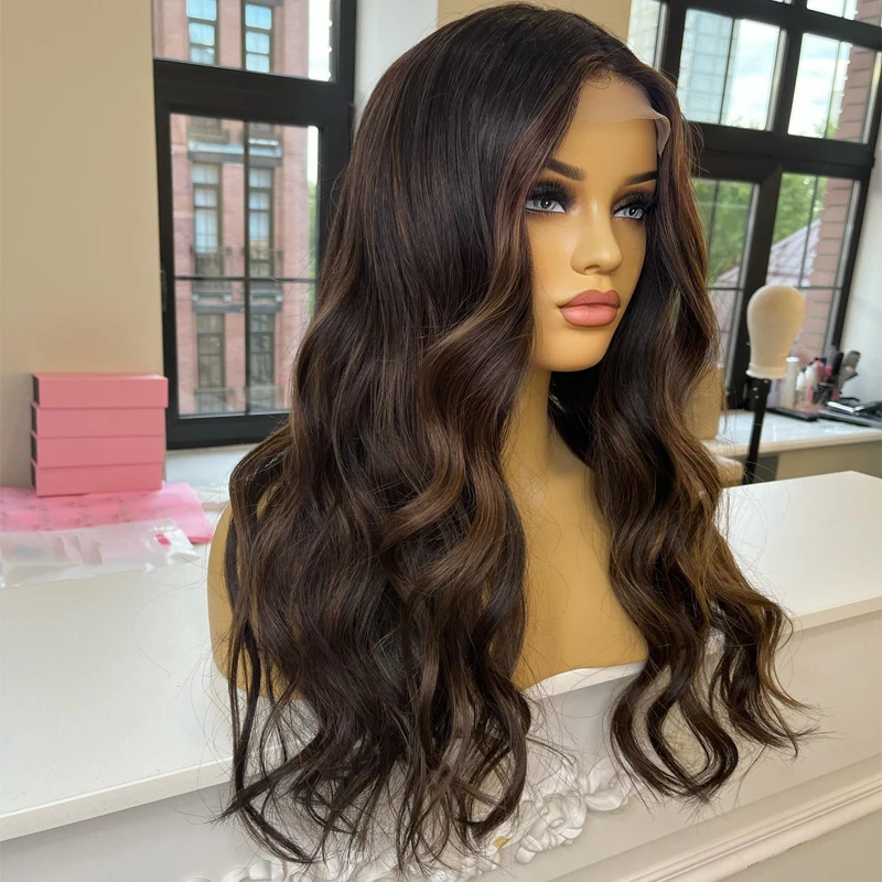 Fashion Highlighted Lace Front Wig Brunette Brown Blonde Balayage Loose Deep Wavy Wig Synthethic Hair HD Lace Wig Middle Part