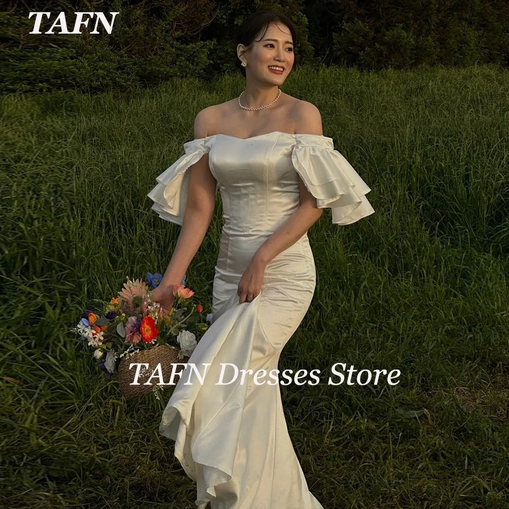 TAFN Off the Shoulder Ruffle Wedding Dresses Elegant Mermaid Satin Bridal Gown Korea Sweep Train Dresses Custom Made