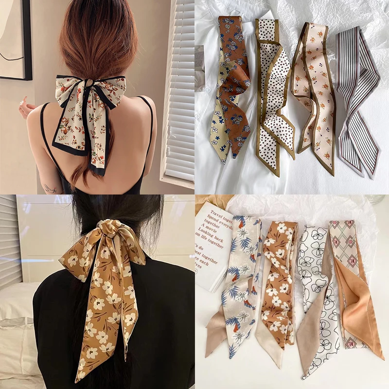 4/5/8Pcs Women Fashion Silk Scarf Hair Band Ribbon Tied-up Hair Long Bow Hair Scarf Printed Hairband Ponytail Hair Accessories