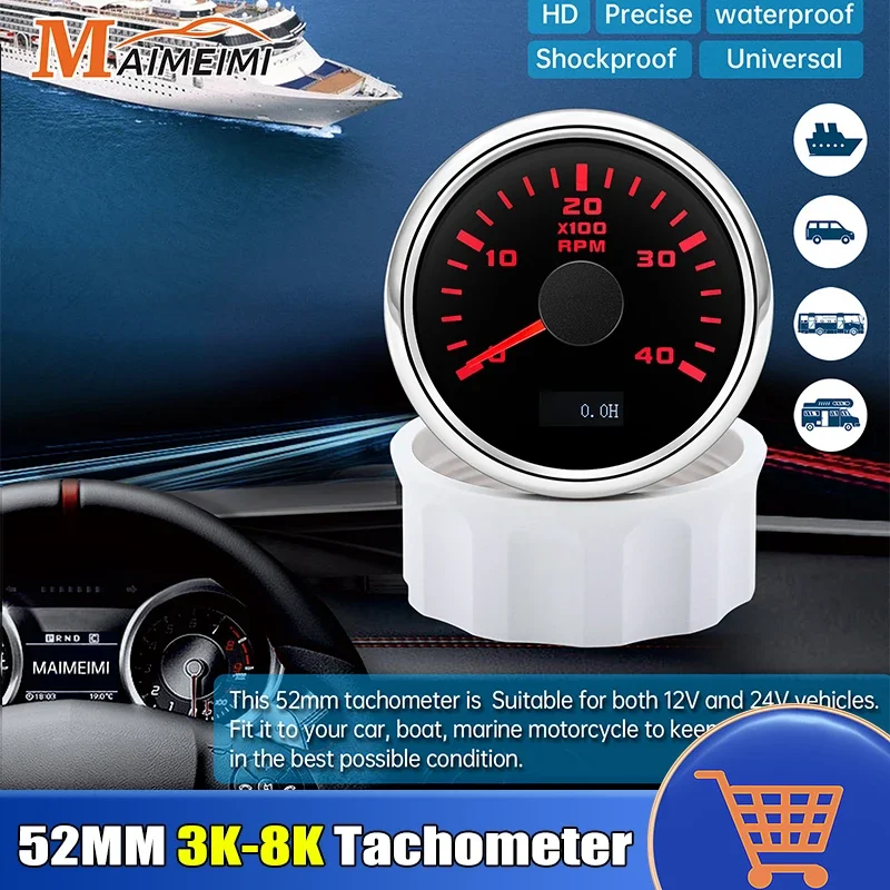 52mm Tachometer 3K-8K RPM Tacho Gauge Sensor Hour Meter 7 Colors Backlight Universal for Gasoline Diesel Car Marine Boat Yacht