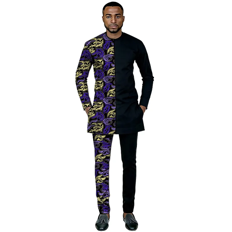 African Culture Men Patchwork Set Shirt With Pant Black/Wax Nigerian Fashion Groom Suits Male Wedding Attire Customized