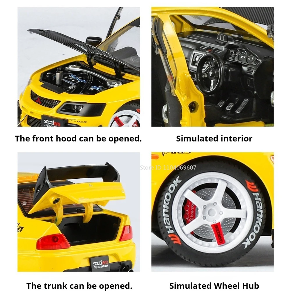 1:24 Lancer Evolution IX M3 juguete modelo de coche deportivo juguete sonido luz tirar hacia atrás puertas abiertas supercoche modelos regalos para niños