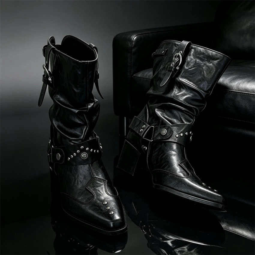 Ankle Bootie Pointed Toe Chunky Heel Boots Studded Motorcycle Boots for Women 2027 New Western Cowboy Boots botas mujer feminina