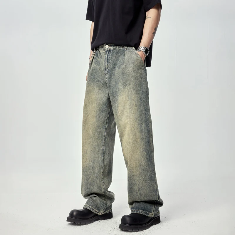 Street Washed-out Vintage Jeans Men's Loose Straight Korean Style Trendy All-Match Nostalgic Mop Wide Leg Pants