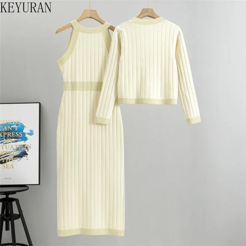 Autumn Winter Casual Two Piece Sets Women V-neck Long Sleeve Sweater Cardigan and Knitted Dress Fashion Office Lady Korean Suit