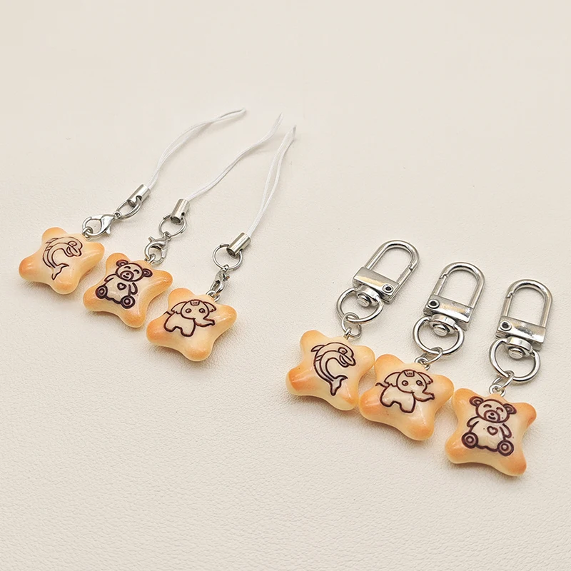 Cute Animal Cookie Food Keychain Simulation Biscuit Keyring Phone Lanyard Cellphone Chain Lovely Bag Pendant For Couple Gifts