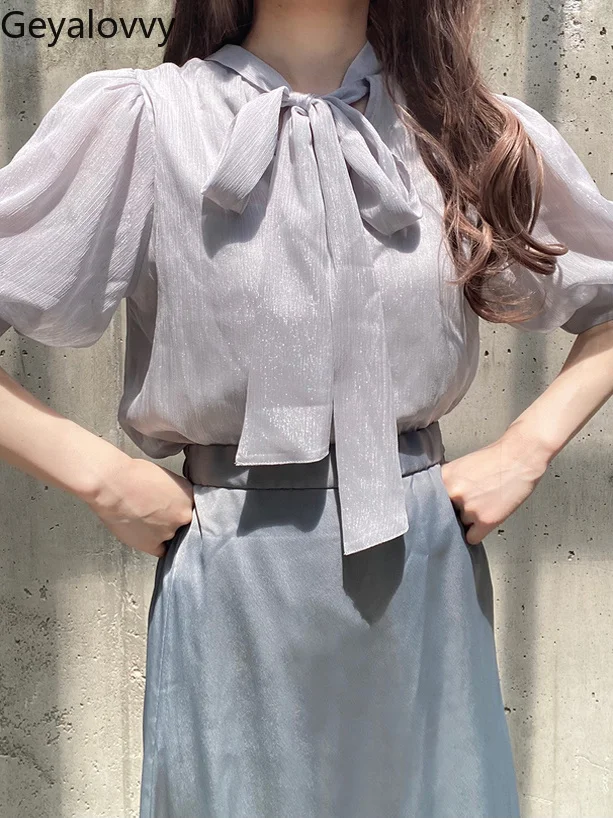 

Bow Lace-up Stand-up Neck Blouse Japanese Sweet Girls Lantern Short-sleeved Tops 2025 Summer New Versatile Shirt Camisas