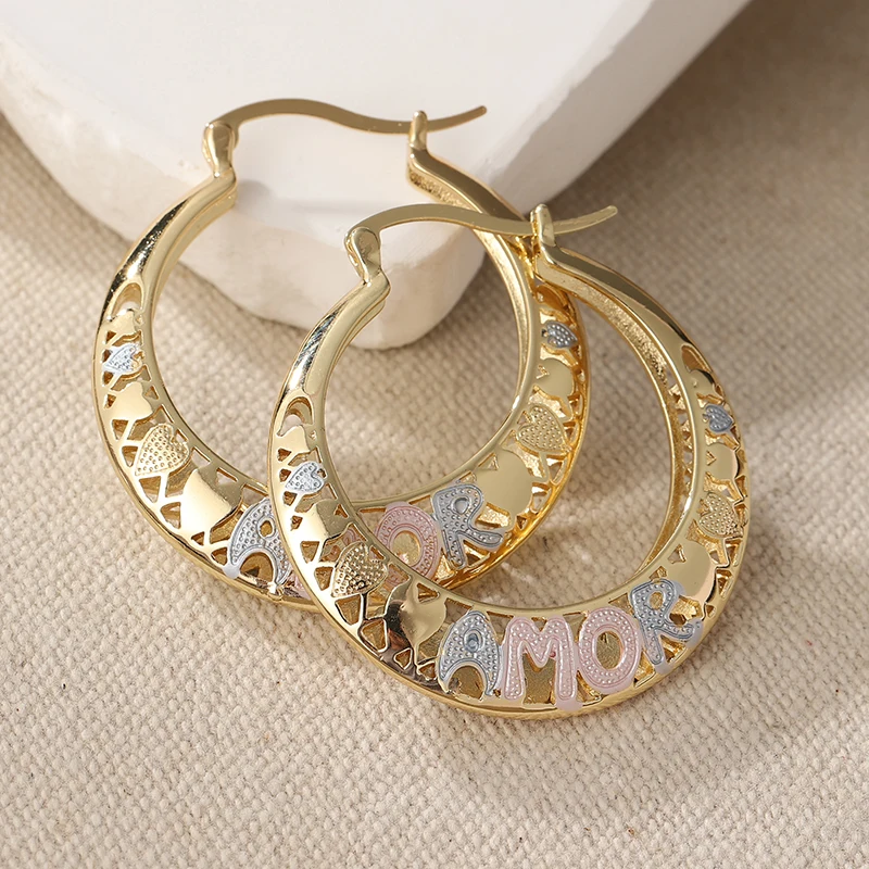 Classic Gold Color Geometry Hoops Women's Earrings Hollow Hand Carving Letter Earrings Woman Fashion Jewelry