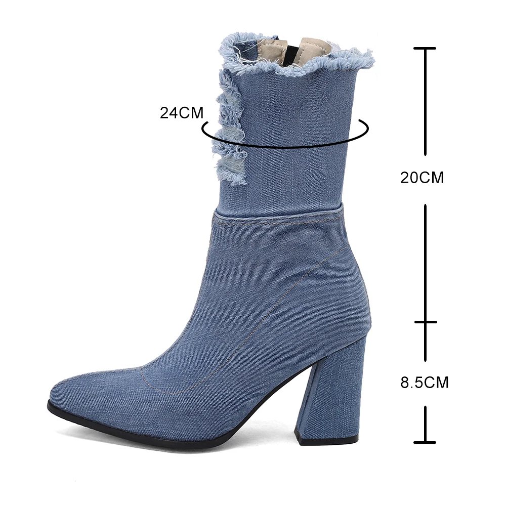 2023 Fashion Denim Western Women Ankle Boots Sexy High Heel Pointed Cowboy Boots Zipper Autumn Winter Stretch Boots Woman Shoes