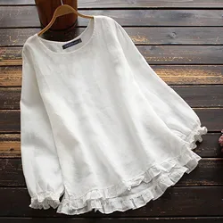 Linen Shirts Women's White Shirt Ruffle Hem Lantern Sleeve Blouse For Girls Sweet Lady Casual Long Sleeve Blusas Bottoming Shirt