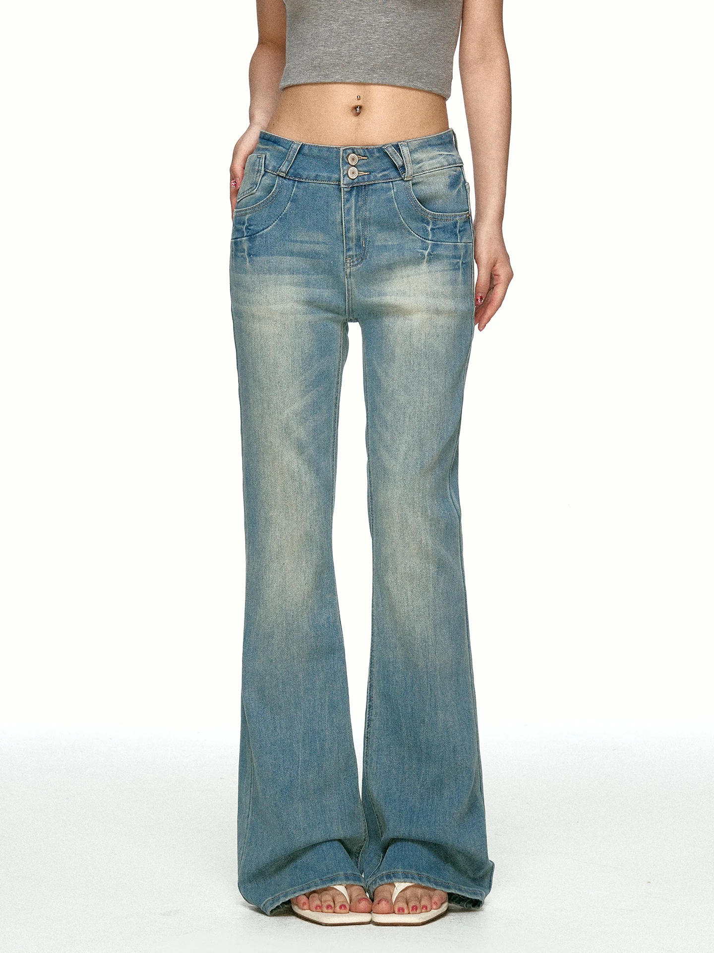 Low Waist Bell Bottom Denim Jeans Women's Aaisup American Hot Girl Double Buckle Stretchy Slim Wide Leg Floor Length Pants