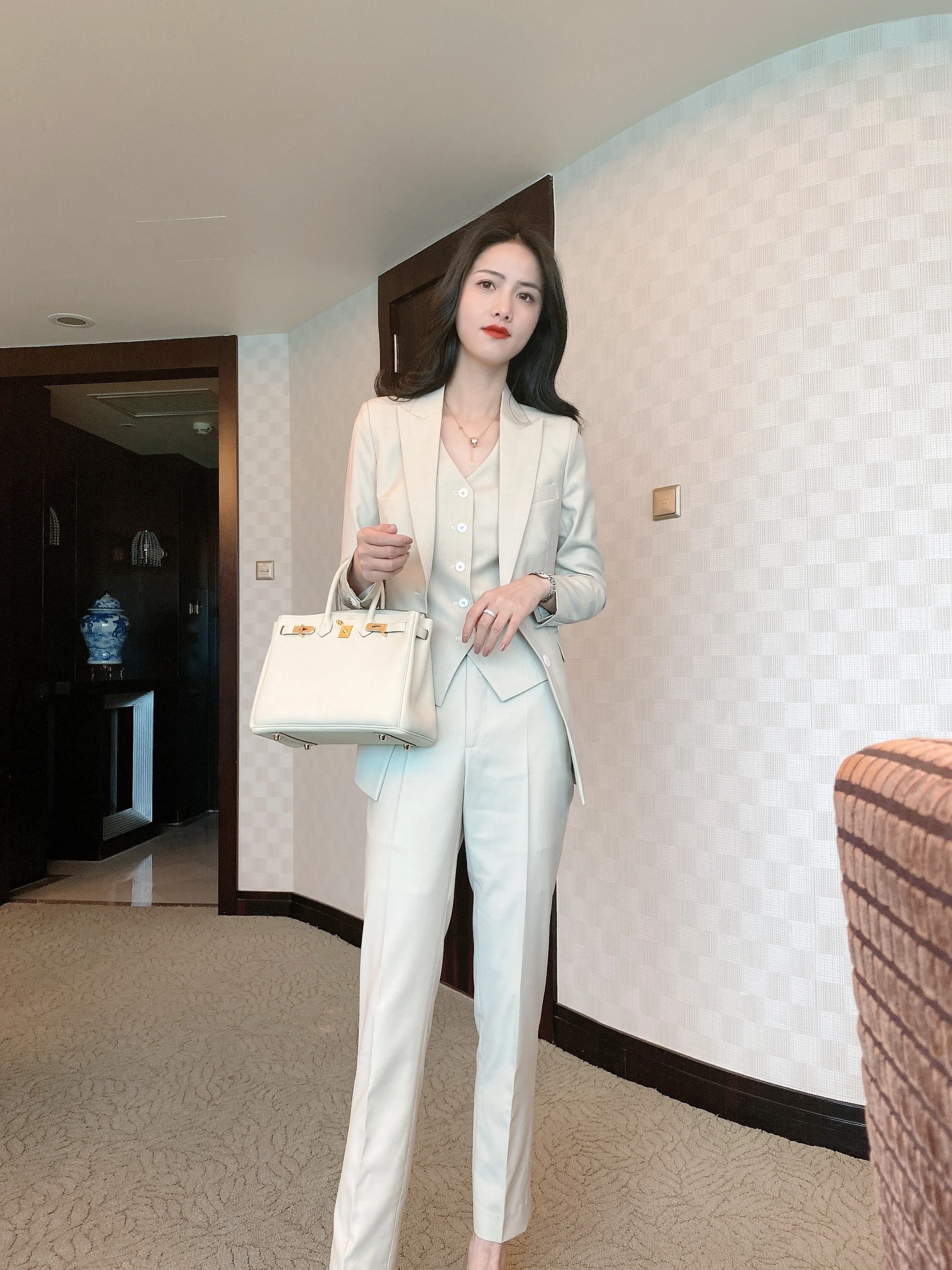 

New Faionable Slim Fit Tee Piece White Suit Set Women's Nine-Piece Pants Pure Color Commute Sle Long Sve Regular Length