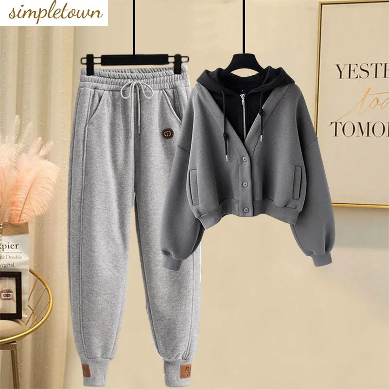 

Fashionable Autumn/Winter Set 2023 New Fake Two Piece Hooded Coat Loose Top Women's Pair Slim Casual Pants