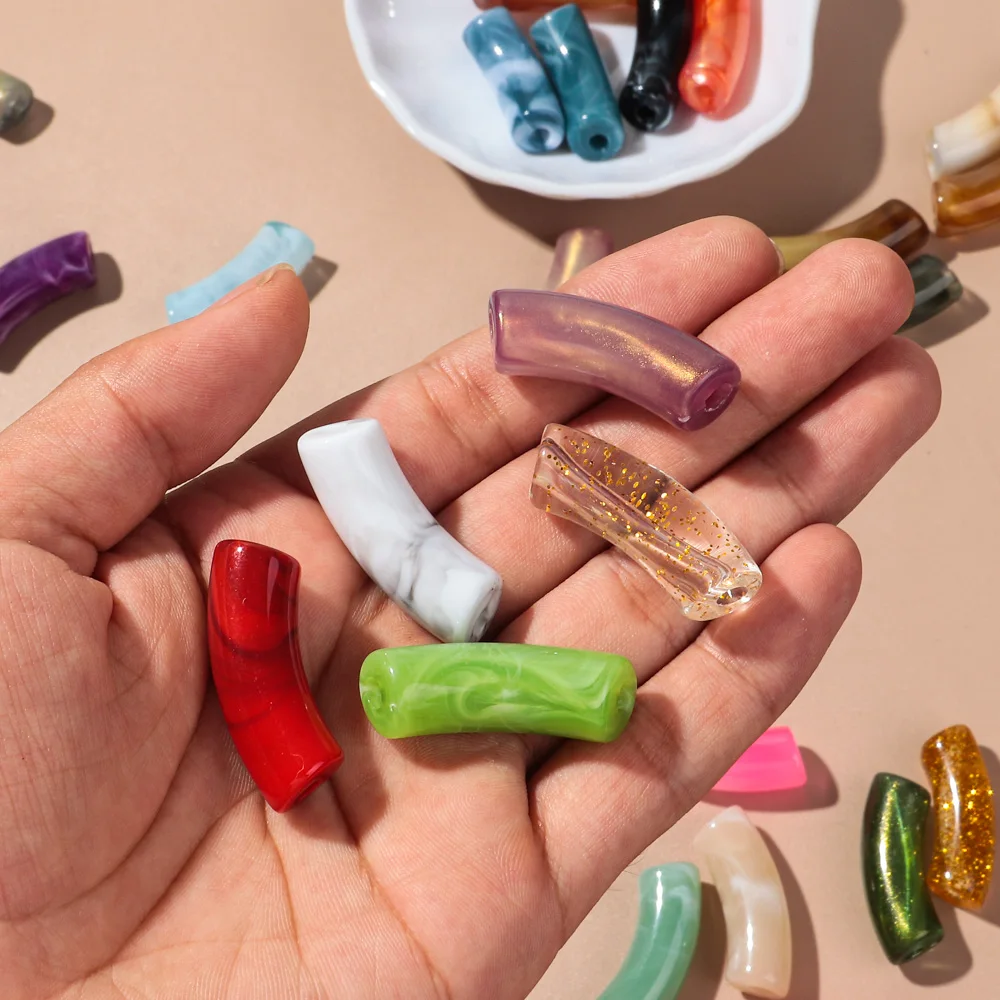 15pcs Acrylic 11mm Chunky Bamboo Tube Beads Dual Color Resin Bent Pipe Loose Bead for DIY Bracelet Necklace Jewelry Accessories