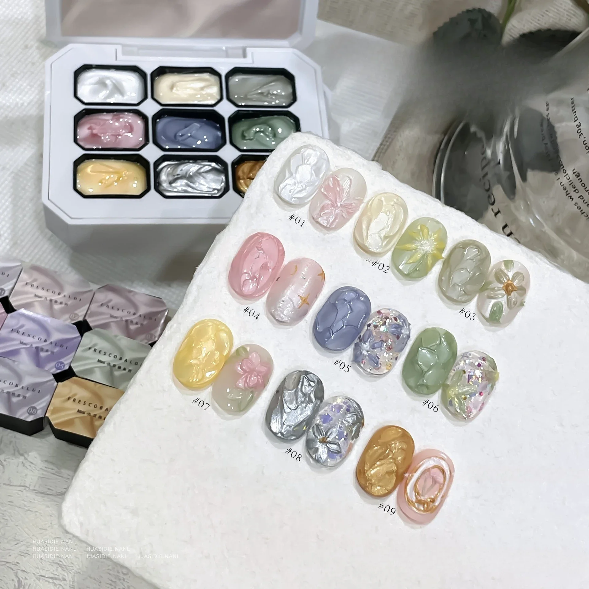 2.5gx9Color Satin Pearl Oil Painting Gel Polish Fairy Powder Cream Popularity Brocade Powder Solid State Solid Nail Art Manicure