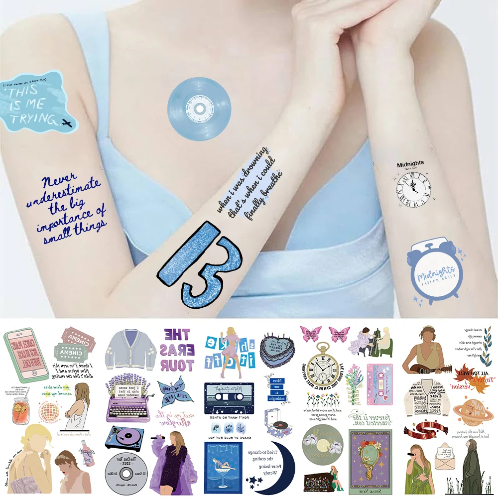 

10 Sheets Taylor Mold Tattoo Stickers Painted Text Record Pattern Singer Support Waterproof Temporary Tattoo Stickers