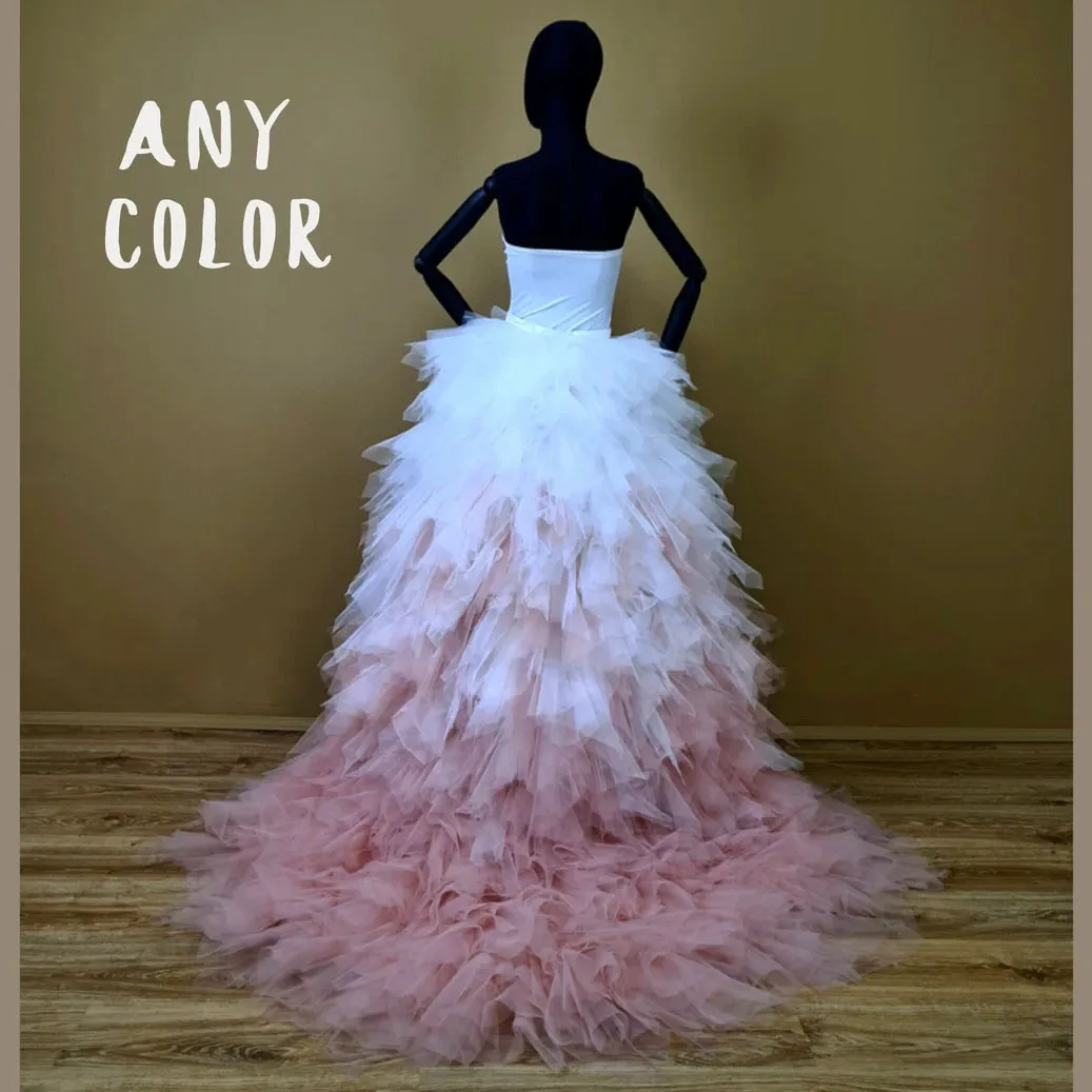 

Chic Ombre Tulle Detachable Train Wedding Skirt Tiered Ruffled Overskirts Prom Dress Overlay Multi Colors Bridal Removable Skirt