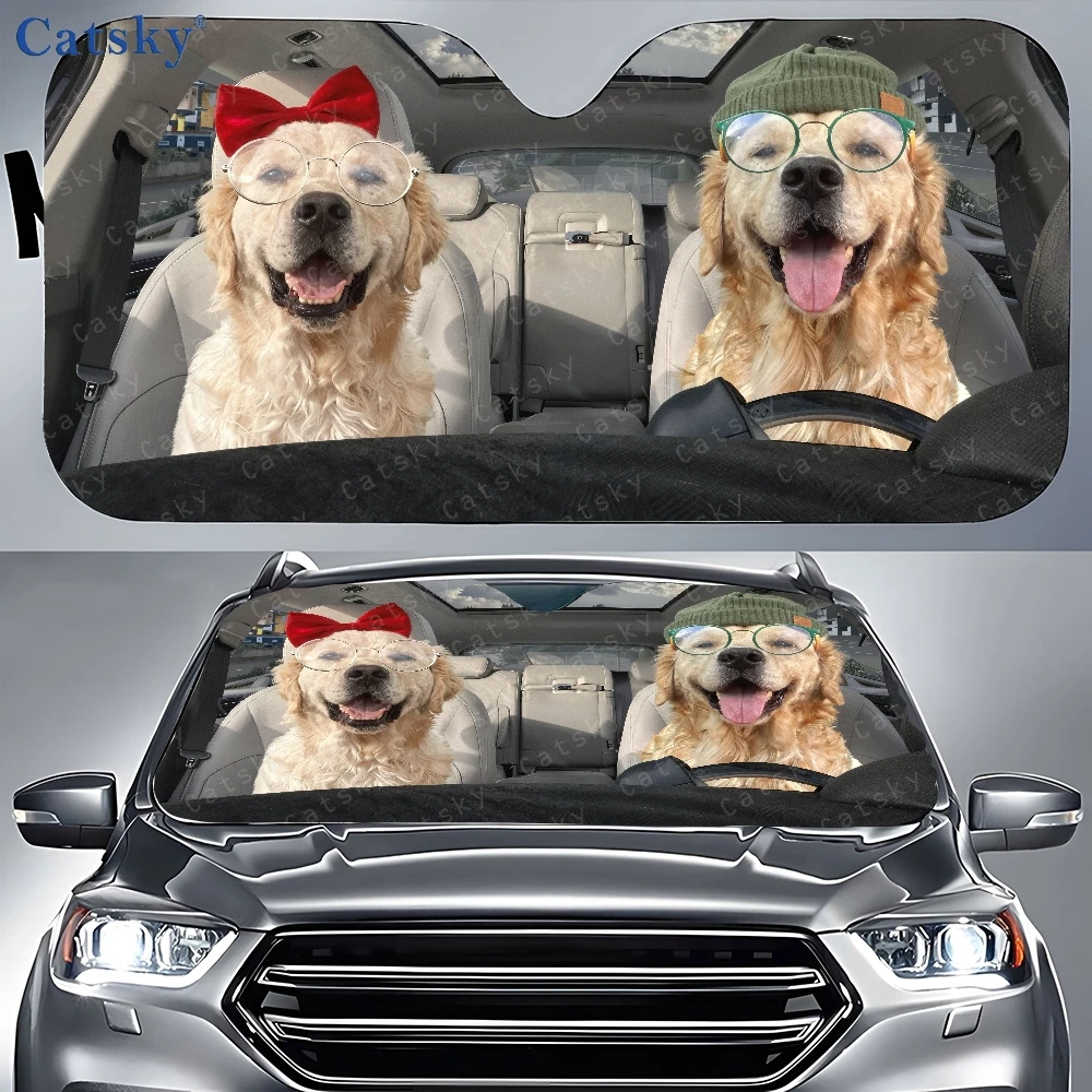 Two Dogs Wearing Glasses | Car Auto Sunshades, Front Window Sun Cover For Car, Durable Polyamide Visor, Universally Applicable,