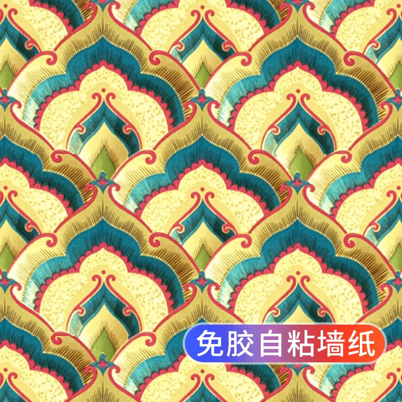 Self Adhesive Wallpaper Buddha Shrine Background Decorative Sticker Golden Metallic Temple Gold Foil Reflective with Glue New