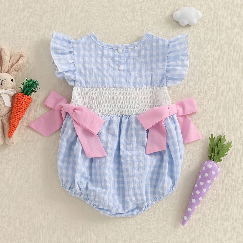 2025-01-09 Lioraitiin Baby Girls Rompers Easter Clothes Rabbit Embroidery Plaid Fly Sleeve Summer Bodysuits Jumpsuits