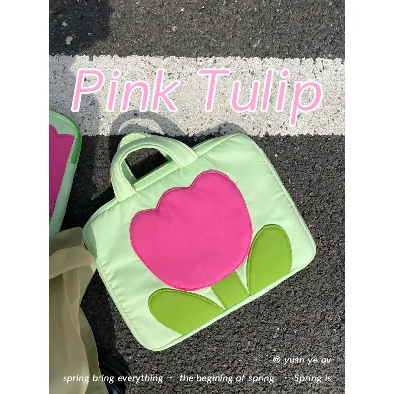 Pink Tulip Bag Girls Sweet Simple Zipper SOFT Handbags Women 14/16 Inches Laptop Bag Storage Bag