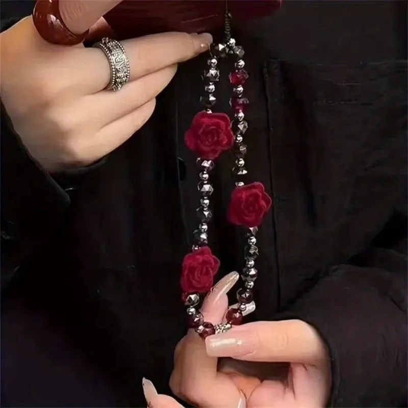 1PCS Wine Red Rose Flower Phone Chain Charm Resin Beads Phone Chain Cellphone Strap Wallet Camera Bag Decor Jewelry Accessories view 4