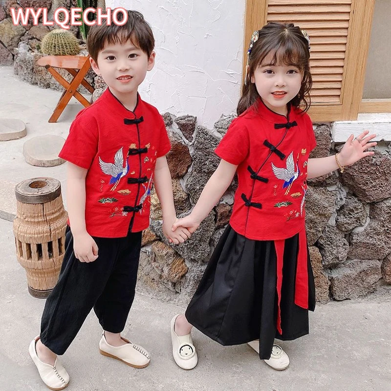 2Pcs Traditional Chinese New Year Costumes Clothes for Kids Spring Festival Tang Suit Girl Boy Sets Short Sleeve Top+Pants+Skirt