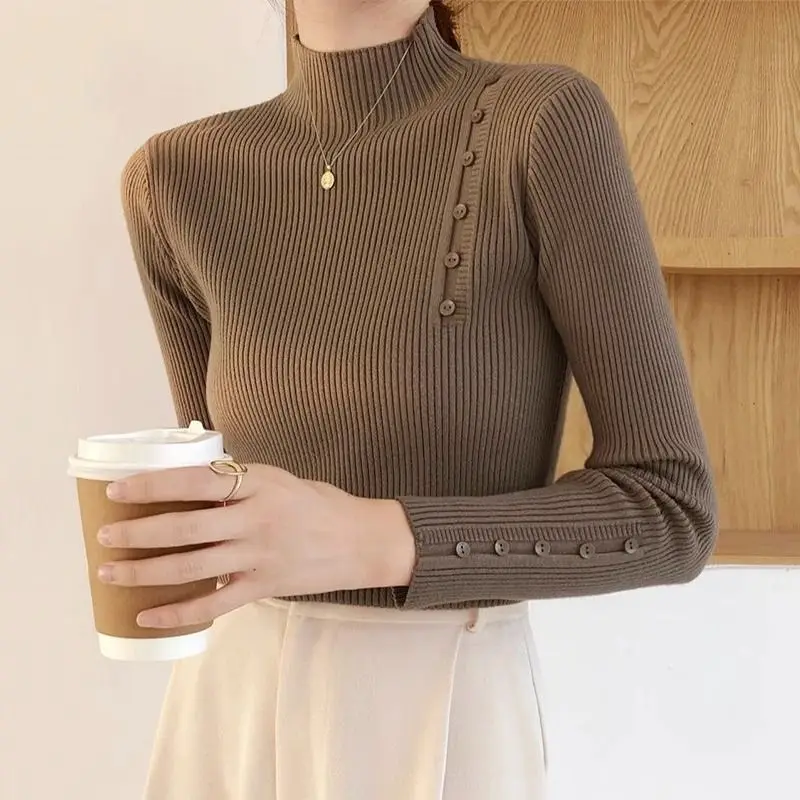 

Women's Clothing Retro Pullovers Jumpers semi high neck long sleeved knitted autumn new button down bottom shirt stylish Sweater
