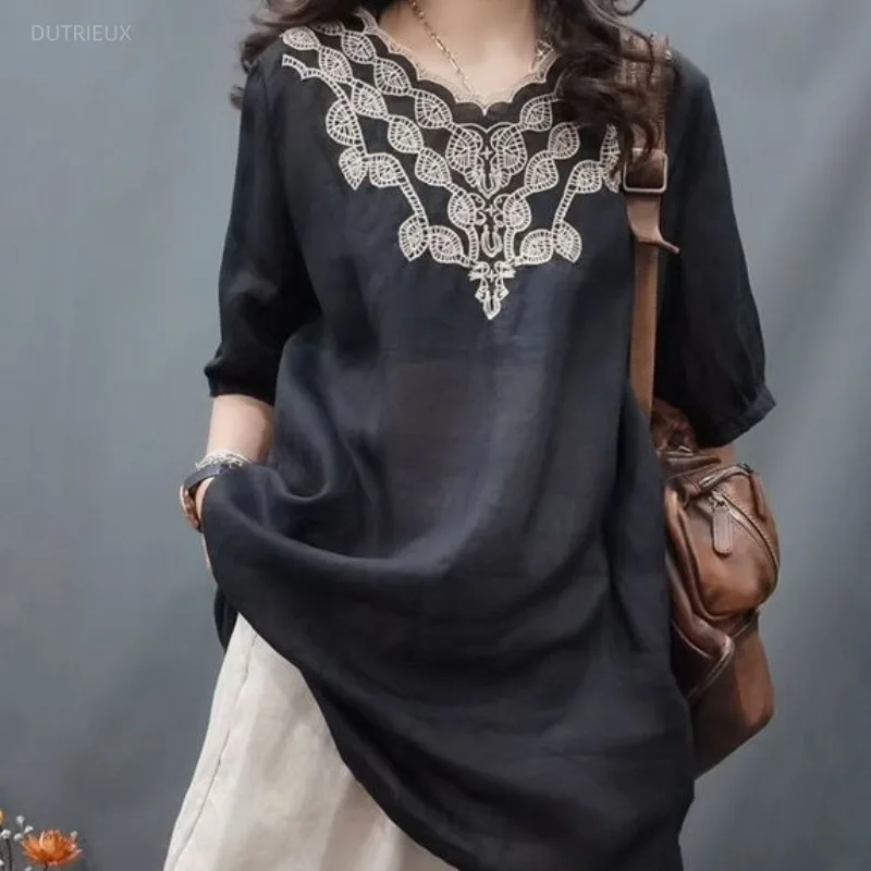 Embroidery Floral V-neck Blouse Women's Clothing 2025 Blusas Mujer De Moda Vintage Long Shirt Oversized Tops Thin Summer Blouses