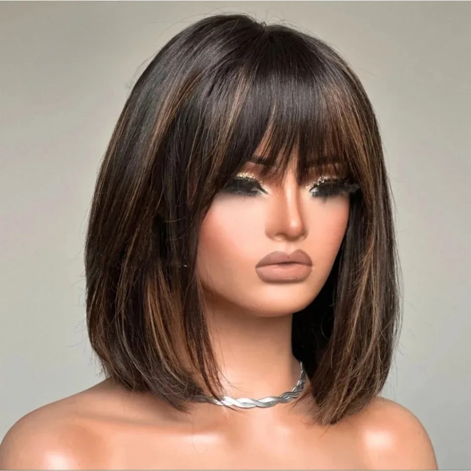 Dark Brown Highlights Streaks Bob Short Straight Lace Front Wig with Bangs 13x4 HD Lace Wig Synthetic Daily Cosplay Makeup Use