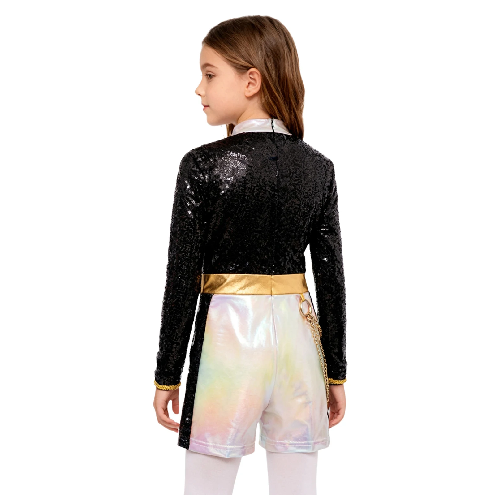 هالوين الصيادين تأثيري المطربين مرحلة الأداء دور اللعب الزي لامعة الترتر طويلة الأكمام الخصر سلسلة الظهر بذلة قصيرة