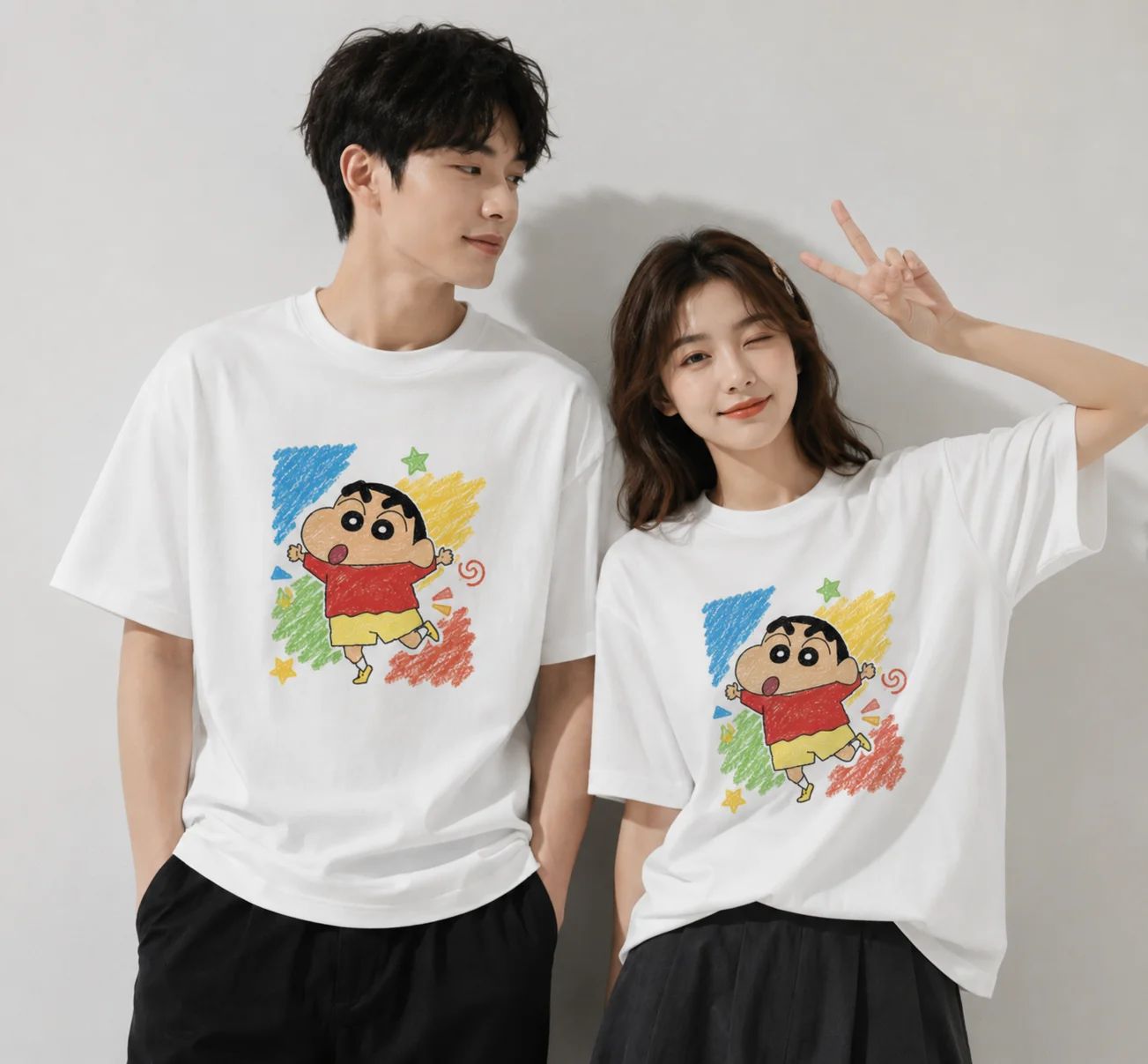 Crayon Shin Chan Color Crayon Sketch Back Print TShirt Cotton Blend Oversized Unisex Cartoon Y2K Harajuku Streetwear Casual Tops