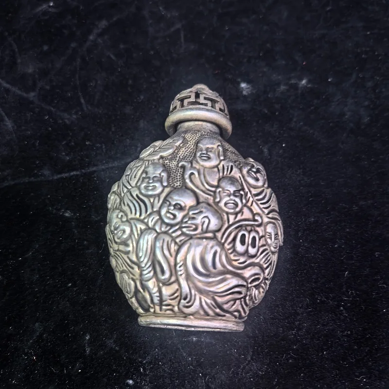 Antique, Items, Ancient Smoking Accessories, Gilded Silver , Eighteen Arhats White Copper Snuff Bottle, Qing