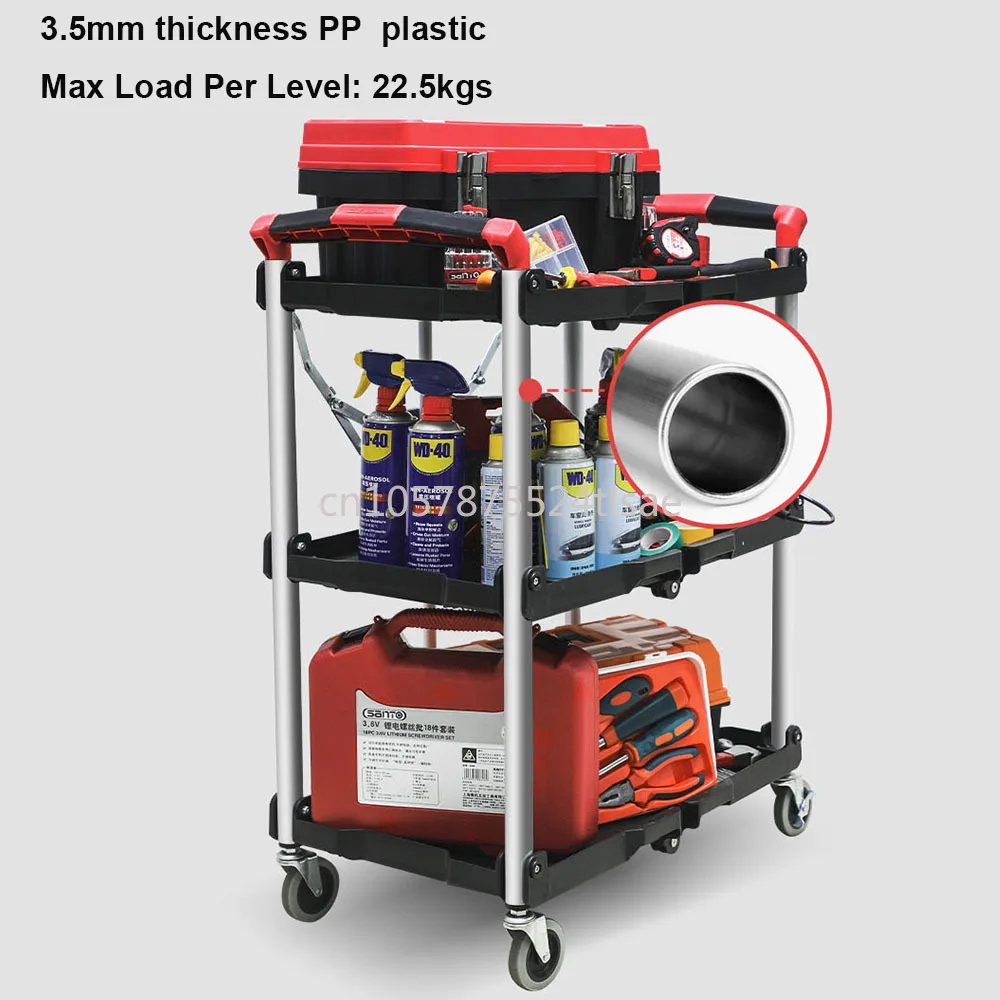 Multifunctional three-layer foldable plastic service trolley with wheels for storage and organization