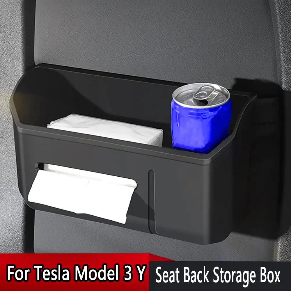 Car Seat Back Tissue Box for Tesla Model 3/Y TPE Storage Box with Cup Holder Organizer Tray Interior Stowing Tidying Accessories