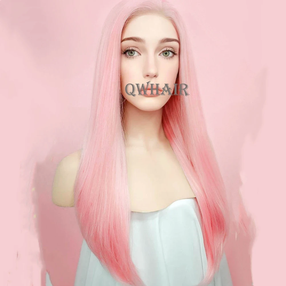 

QW Synthetic Hair Pastel Pink Straight Soft 13X4 Lace Front Wig For Women Hair Heat Resistant Fiber Cosplay Daily