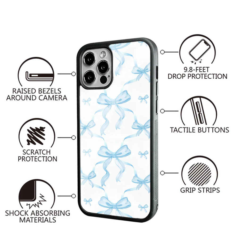 Light Blue Ribbons And Bows Phone Case For IPhone 11 12 13 14 15 Plus Pro Max Mirror Acrylic PC TPU Cover