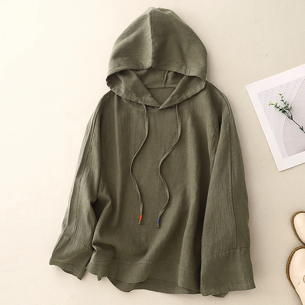 Início do outono fino algodão linho hoodies para mulher casual sólido all-match solto com capuz pulôver manga cheia moletom com cordão