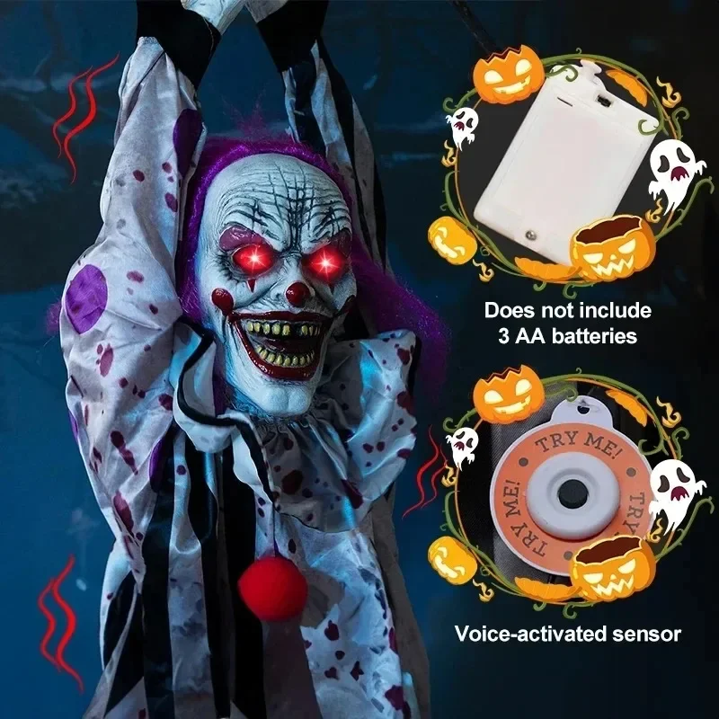 Halloween Electric Vocal Clown Pendant Home Glow Lifelike Hanging Ghost Decoration Spooky Kid Hanging From A Haunted House Chain