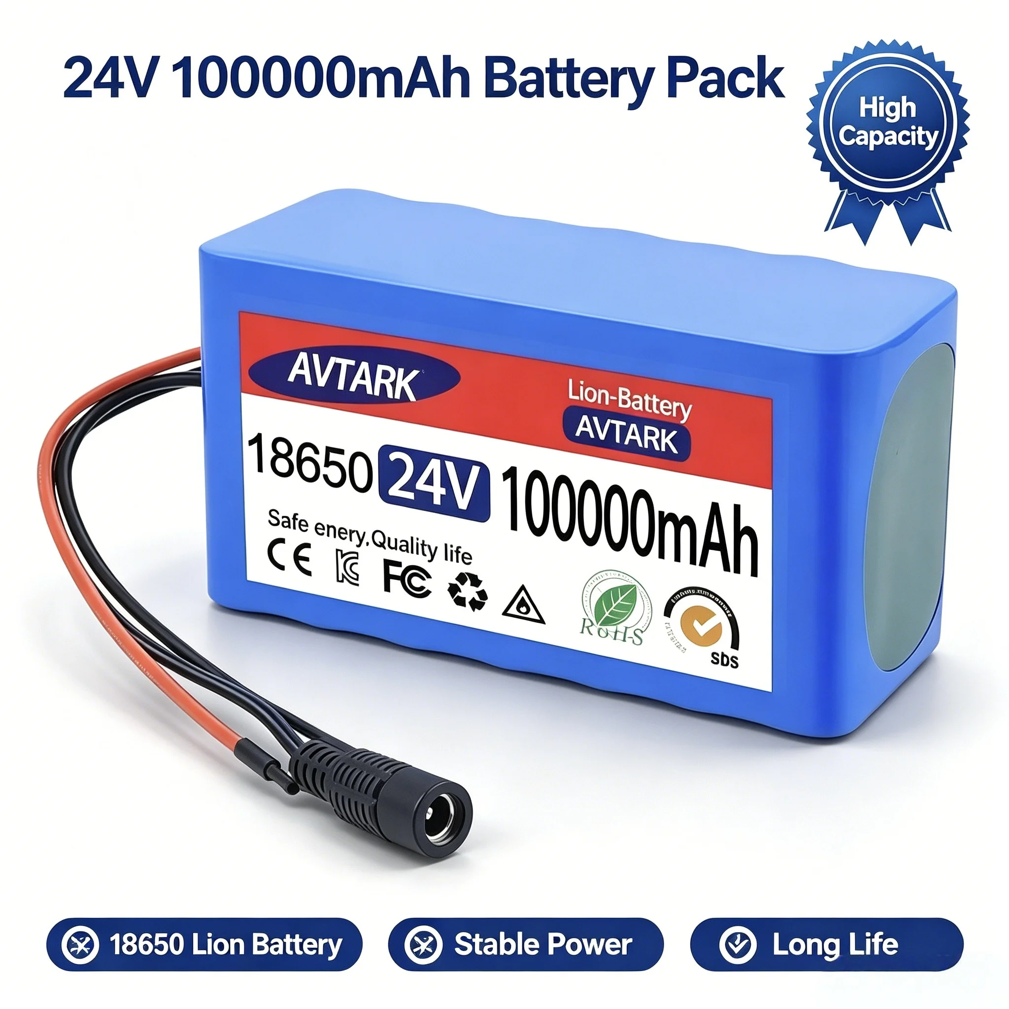 High Stable 24V 100Ah 7S3P 18650 Lithium Battery Pack Equipped With 2A US EU Charger Replacement Power For E-Bike Scooter